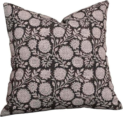 Amor Virisso Floral Throw Pillow Covers 18x18 Block Print Pillow Covers Vintage Neutral Couch Pillows for Living Room Farmhouse Decorative Accent Sofa Pillows, Black
