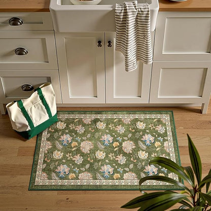 jinchan Elora 2x3 Floral Rug for Entryway Washable Rug Vintage Romance Design Christmas Small Mat Non Slip Indoor Doormat Lightweight Low-Profile Throw Carpet for Entrance Bathroom Laundry, Green