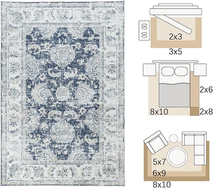 jinchan Fiora Floral 3x5 Area Rugs for Entryway - Machine Washable Taupe Vintage Distressed Design Doormat Non-Slip Ultra-Thin Low Pile Boho Rug for Kitchen Living Room Farmhouse (3‘x5', Dark Blue)