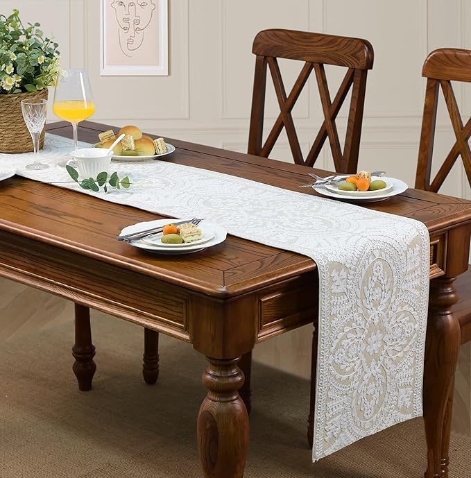 KEVA Boho Table Runner 91inches Long, Farmhouse Rustic Vintage White Embroidered Table Runners 13x91 Inch for Dining Table Decorations