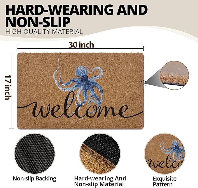 Coastal Octopus Door Mat, Beach Doormat, Coastal Ocean Beach Welcome Front Door Mat Indoor Outdoor Entrance, Ocean Artificial Coir Doormats Rugs for Porch Patio Entryway Home Decor 30x17in