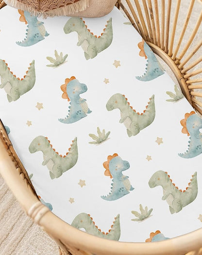 Bassinet Sheets for Baby Girls Boys 2 Pack, Fitted Baby Mattress Sheet for Rectangle, Oval, Hourglass Bassinet Mattress, Breathable Cozy & Universal Fit (Tiny Dinos)