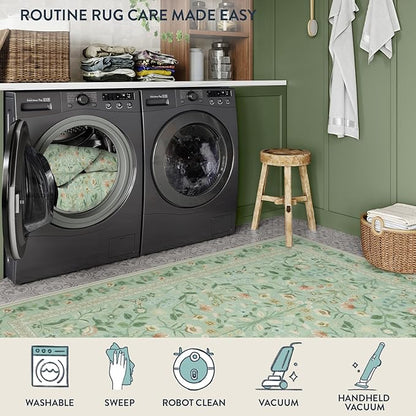 Lahome Floral Washable Area Rugs 8x10, Non-Slip Living Room Carpet Soft Tumble Washable Rugs for Bedroom Nursery, Vintage Botanical Print Carpet for Classroom Kids Room Dining Room, Sage