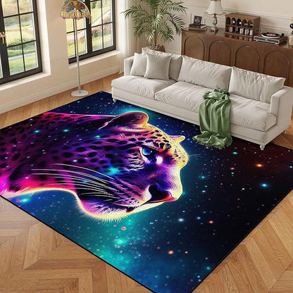 5' X 7' Galaxy Leopard Rug Fierce Panther Head Area Rugs for Boys Kids Bedroom Living Room Gameroom Girls Glitter Carpet Floor Mat Throw Rugs