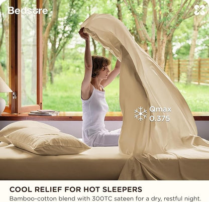 Bedsure Cooling Sheets, Rayon Derived from Bamboo & Cotton Blend, GentleSoft, Breathable, King Size Sheets Set, Deep Pocket Up to 18 Inches, Hotel Luxury Bedding for Hot Sleepers, Beige
