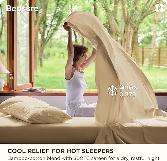 Bedsure Cooling Sheets Queen Size, Rayon Derived from Bamboo & Cotton Blend, GentleSoft, Breathable, Queen Sheet Set, Deep Pocket Up to 18 Inches, Hotel Luxury Bedding for Hot Sleepers, Beige