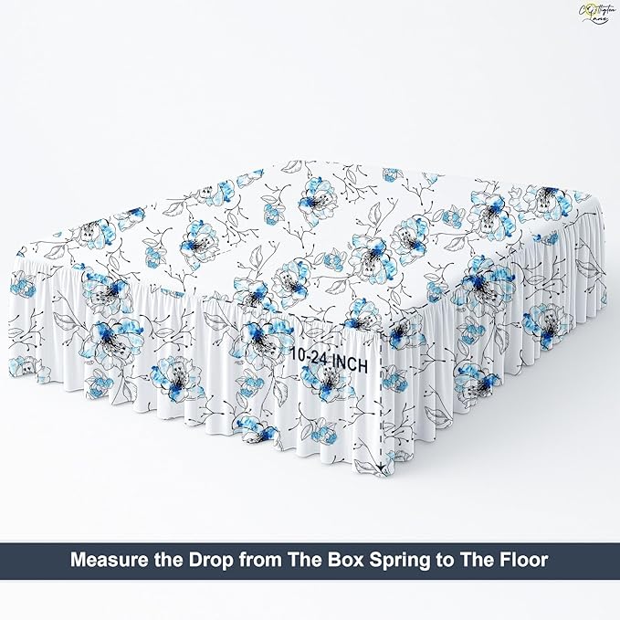 Cottington Lane Ruffled Bed Skirt Full Size with Split Corner, Brushed Microfiber Hotel Quality Dust Ruffle, 12 Inch Drop Gathered Bedskirt, Soft, Stylish, Shrink & Fade Resistant, Blue Blossom