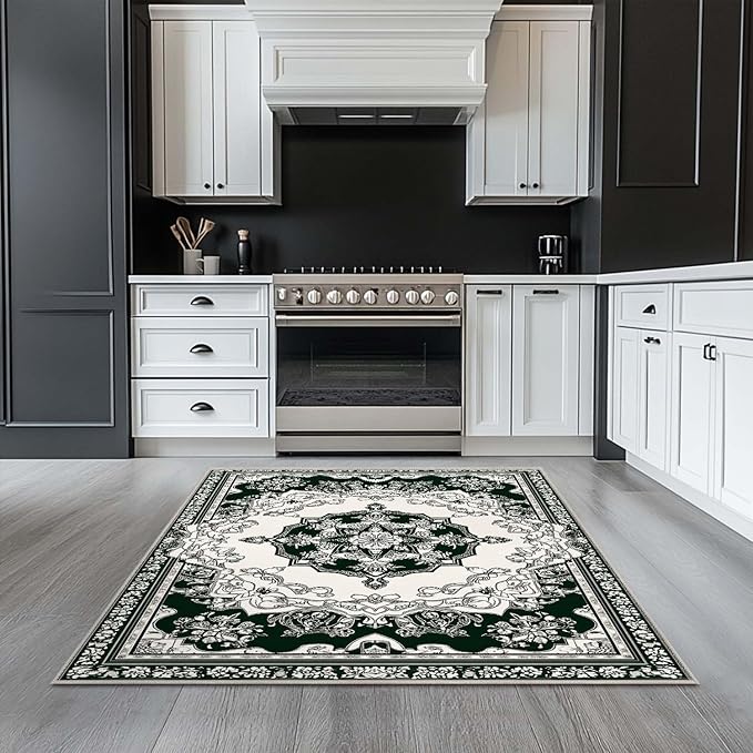 4x6 Traditional Oriental Area Rug Black White Dark Green Rug Non Slip Low Pile Large Carpet for Home Kitchen Living Room Bedroom Dining Room Office