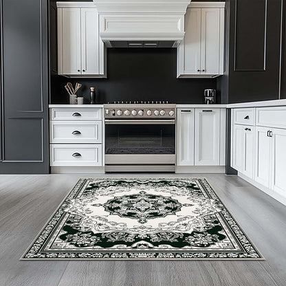 4x6 Traditional Oriental Area Rug Black White Dark Green Rug Non Slip Low Pile Large Carpet for Home Kitchen Living Room Bedroom Dining Room Office