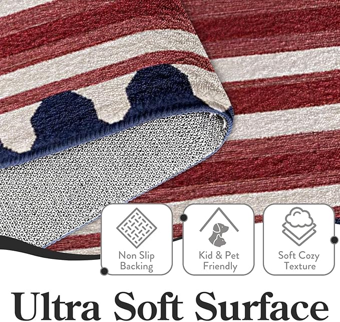 9CH Red White Stripes Area Rug 7' X 5' Navy Blue Modern Geometric Lines Faux Wool Rugs Soft Non-Slip Vintage American Flag Carpet for Bedroom Dining Room Office