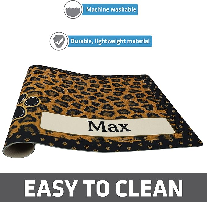 Drymate Personalized Pet Bowl Placemat, Custom Dog & Cat Food Feeding Mat - Absorbent Fabric, Waterproof Backing - Machine Washable/Durable (USA Made) (12" x 20") (Leopard Tan)