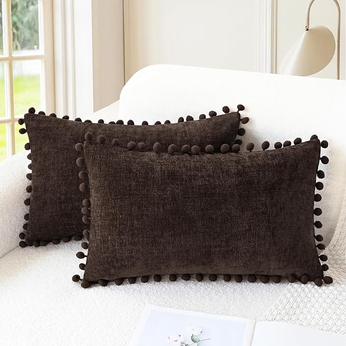 CaliTime Throw Pillow Covers Decorative 20 X 12 Inches Pack of 2 Cozy Solid Dyed Soft Chenille Cushion Cases with Pom Poms for Couch Sofa Bed Living Room Home Coffee