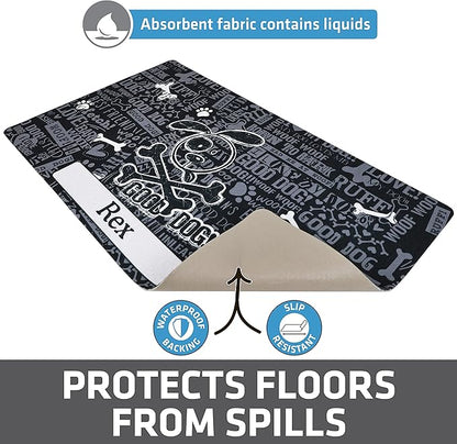 Drymate Personalized Pet Bowl Placemat, Custom Dog & Cat Food Feeding Mat - Absorbent Fabric, Waterproof Backing - Machine Washable/Durable (USA Made) (12" x 20") (Cross Bones - Black)