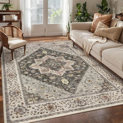 Tangsoo Washable Rug 4x6 Area Rug, Vintage Rug Indoor for Living Room, Non Slip Machine Washable Large Rugs, Soft Print Distressed Grey Farmhouse Carpet for Bedroom Dining Room Dorm Office