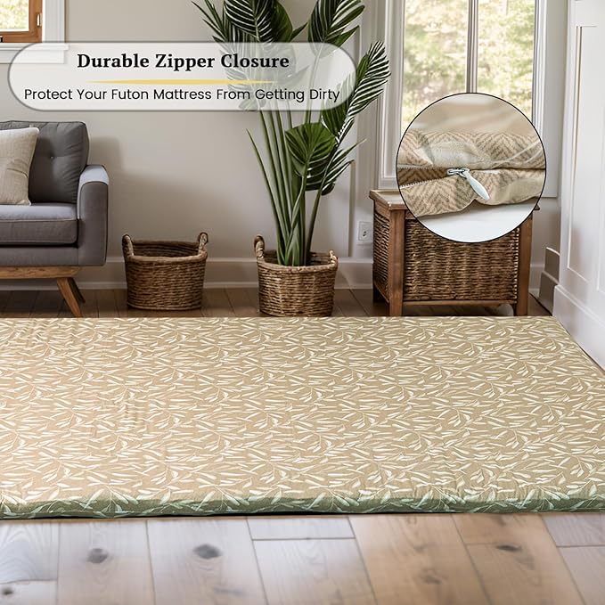 ZonLi Futon Mattress Cover Full Size for Traditional Japanese Floor Futon Mattress with Zipper,Tatami Floor Sleeping Mat Cover,Super Soft and Machine Washable (54‘’x84‘’, Beige Leaves)