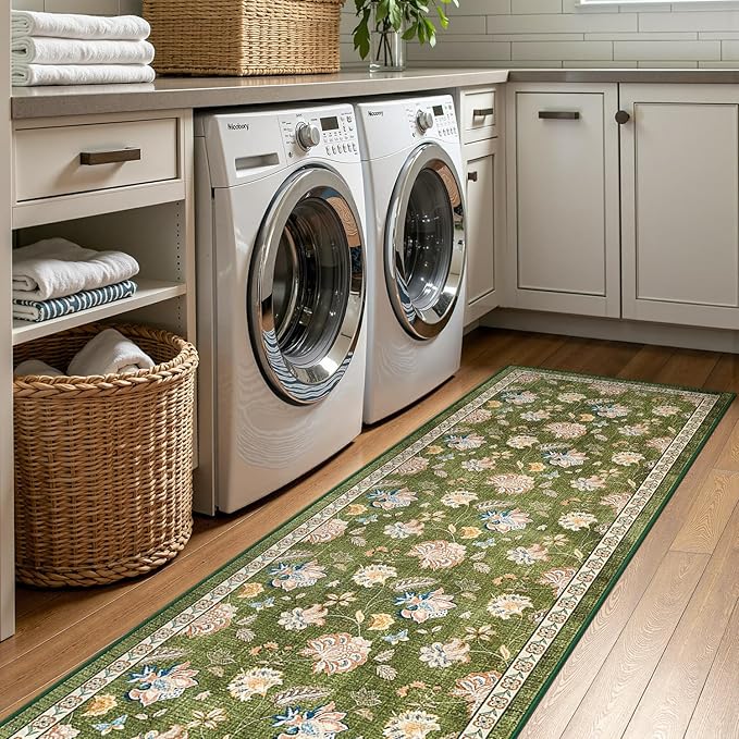 jinchan Elora 3x8 Floral Runner Rug for Hallway Washable Runner Vintage Romance Christmas Design Non Slip Thin Indoor Floor Cover Low-Profile Throw Carpet for Entryway Bathroom Bedroom Porch, Green