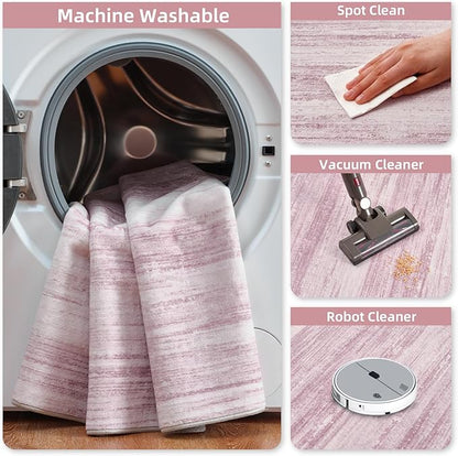PADOOR Modern Abstract Area Rug - 3x5 Washable Rugs Non-Slip Small Carpet, Ultra Soft Low Pile Floor Rugs for Entrance Front Door Bedroom Bedside Laundry Room Pink