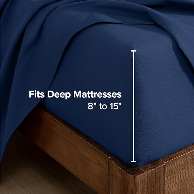 Bare Home 2 Fitted Bottom Sheets 100% Cotton Velvet Flannel (2-Pack) - Extra Soft Heavweight - Double Brushed Flannel - Deep Pocket (Queen, Dark Blue)