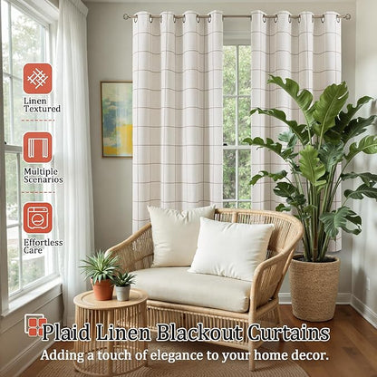Brown Plaid Linen Blackout Curtains for Bedroom - Boho Style Curtains Thermal Insulated, Pattern Printed Rustic Drapes Cottage Window Treatments for Farmhouse, 52x63 Inch 2 Panels