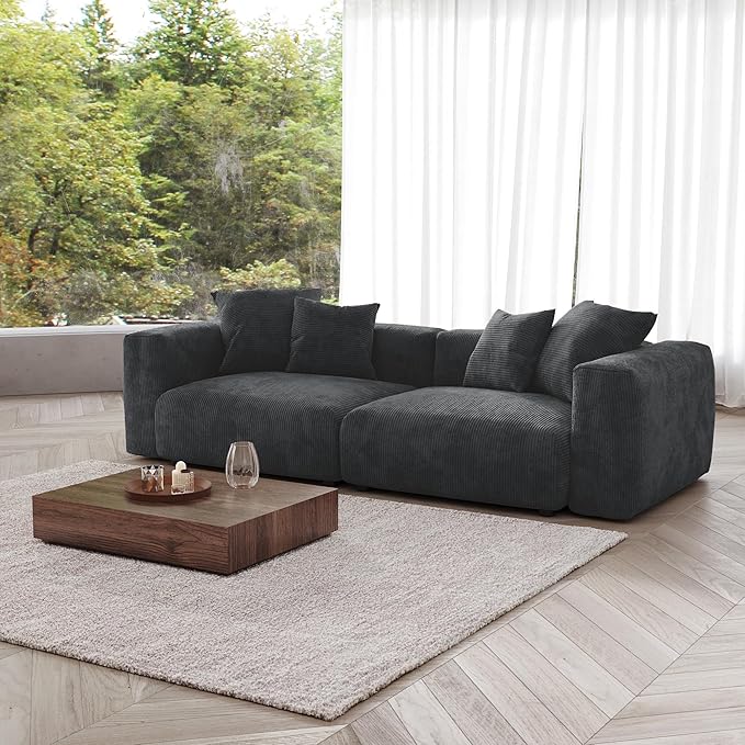 JACH 102" Corduroy Sectional Couch with 4 Pillows, Comfy Modular Sectional Sofa, Cushion Covers Removable, Oversized Love Seat Couches for Living Room, Office, Apartment, Black