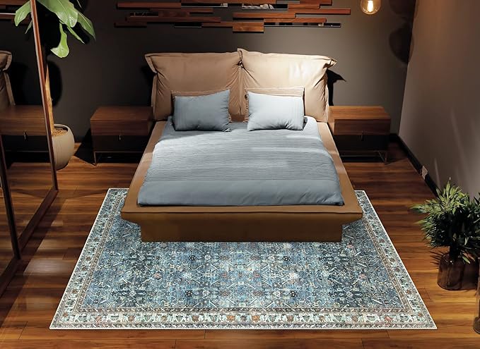 Bloom Rugs Washable Non-Slip 2' x 3' Rug - Blue/Beige Traditional Oriental Area Rug for Living Room, Bedroom, Dining Room, and Kitchen - Exact Size: 2' x 3'