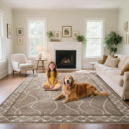 Area Rugs 6x9 Washable Rug, Non-Slip Rugs for Living Room, Low Pile Bordered Rugs Alfombras, Large Print Rubber Backing Indoor Carpet for Home Decor Bedroom Nursery Dining Room, Brown