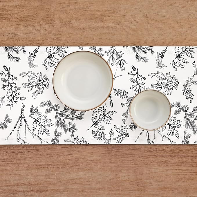Solino Home 100% Pure Linen Christmas Table Runner 72 Inches Long - Black/White Table Runner 14 x 72 Inch - Handcrafted and Machine Washable - Winter Forest Print