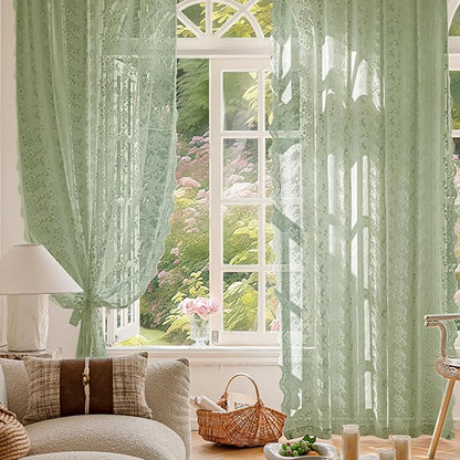 Anmao Vintage Sage Green Lace Curtains 72 Inches Long 2 Panels Sets, Romantic Light Filtering Semi Sheer Floral Thick Lacy Curtain Drapes for Living Room and Bedroom, Each Panel 55W x 72L, Sage Green