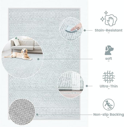 8x10 Area Rug Living Room: Washable Boho Geometric Moroccan Rug Neutral Modern Farmhouse Indoor Soft Non Slip Ultra Thin Large Printed Pattern Carpet for Bedroom Home Office (Grey, 8'x10')