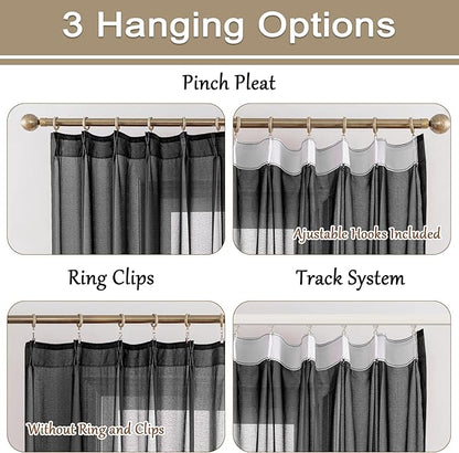 MAIHER 80 Inch Length Pinch Pleated Sheer Curtains Light Filtering Voile for Patio Door Living Room Soft Touch Lightweight Pleated Drapes with Adjustable Hooks, Black, 42" W x 80" L, 2 Panels