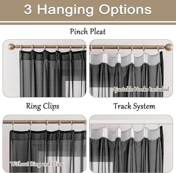 MAIHER 132 Inch Length Pinch Pleat Curtains 11ft for Living Room Ceiling Tall Curtains Vertical Soft Sheer Pleated Drapes with Adjustable Hooks, Black, 42" W x 132" L, 2 Panels