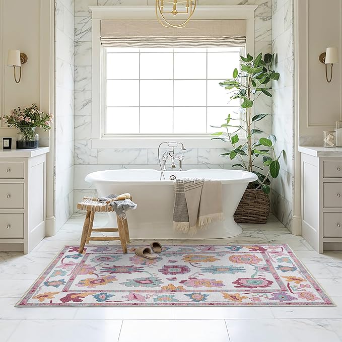 Fame Living Pink Oushak Rug, Modern, Vintage, Turkish, Eclectic, Floral, Pastel, Washable, Oversized, Extra Large Area Rugs for Living Room, Dining, Bedroom, Lounge 9'5"x14'