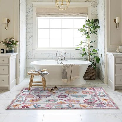 Fame Living Pink Oushak Rug, Modern, Vintage, Turkish, Eclectic, Floral, Pastel, Washable, Extra Large Area Rugs for Living Room, Dining, Bedroom, Lounge, 9'x12'