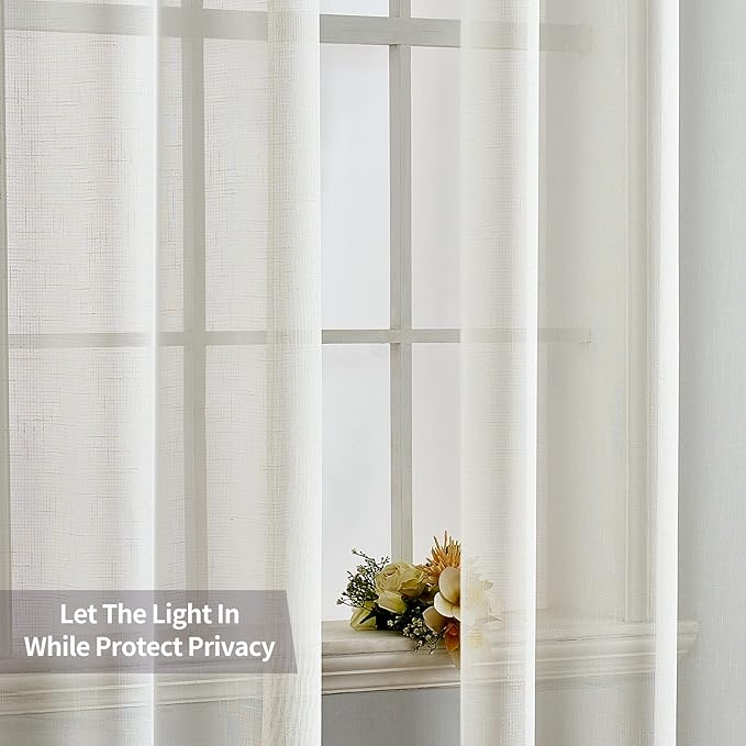MIULEE 2 Panels Natural Linen Look Textured Sheer Curtains Elegant Solid Ivory Drapes Grommet Top Window Voile Panels for Bedroom Living Room (52X84 Inch)
