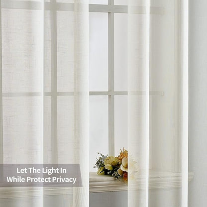 MIULEE 2 Panels Natural Linen Look Textured Sheer Curtains Elegant Solid Ivory Drapes Grommet Top Window Voile Panels for Bedroom Living Room (52X84 Inch)