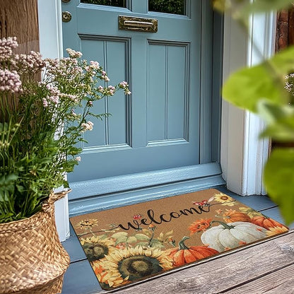 Fall Pumpkin Welcome Door Mat, Autumn Thanksgiving Welcome Front Door Mat Indoor Outdoor Entrance, Fall Pumpkin Sunflower Artificial Coir Doormats Rugs for Porch Entryway Decor 30x17in