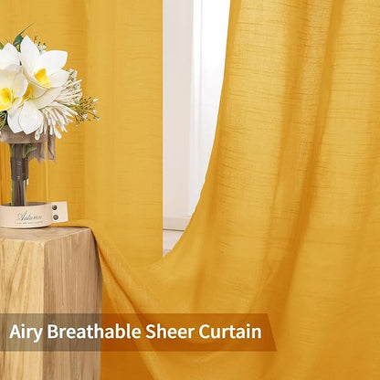 MIULEE 2 Panels Natural Linen Sheer Window Curtains Elegant Mustard Yellow Fall Drapes Grommet Top Window Voile Panels Linen Textured Panels for Bedroom Living Room (52X90 Inch)