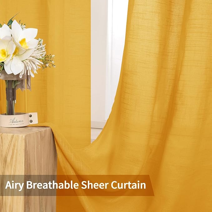 MIULEE 2 Panel 84 Inch Farmhouse Linen Sheer Window Curtains - Elegant Mustard Yellow Fall Drapes with Grommet Top - Voile Panels, Linen Textured for Bedroom, Living Room (52 X 84 Inch)