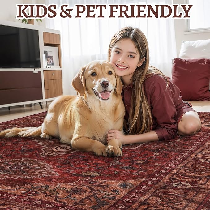 Tangsoo 2x6 Washable Runner Rug for Hallways, Non Slip Vintage Runner Rug, Soft Low Pile Long Rug Runner, Print Distressed Carpet Runners for Kitchen Bedroom Entryway Bathroom Living Room Dark Red