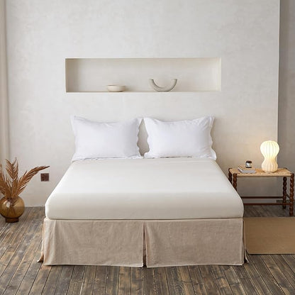 BISELINA French Linen Wrap Around Bed Skirt with Pleated Corner 14-Inch Tailored Drop Natural Flax Cotton Blend Basic Soft Cozy (14" King, Linen)