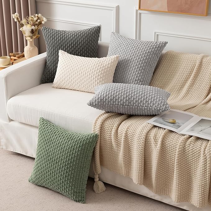 Kevin Textile 12x20 Inch Pillow Cover 1 Pack Boho Decorative Soft Striped Corduroy Lumbar Farmhouse Solid Color Accent Rectangle Cushion Case for Living Room Couch Sofa Bed, Cream White
