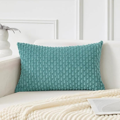 Kevin Textile 12x20 Inch Pillow Cover 1 Pack Boho Decorative Soft Striped Corduroy Lumbar Farmhouse Color Accent Rectangle Cushion Case for Living Room Couch Sofa Bed, Aqua Green