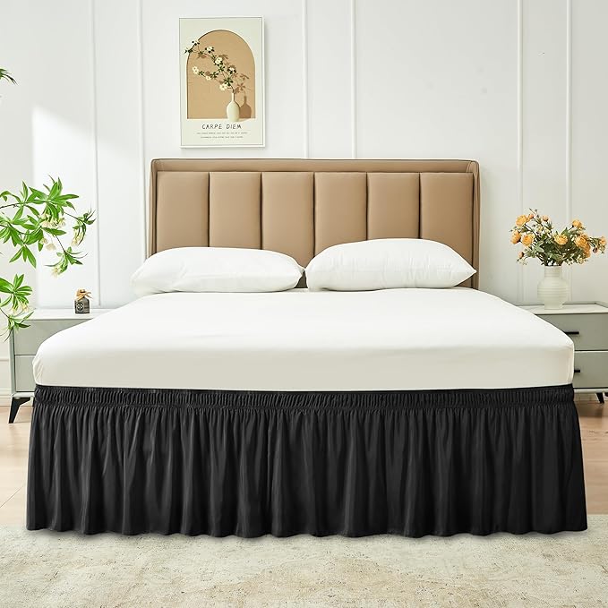 Biscaynebay Wrap Around Bed Skirts for Queen Size Beds 21" Drop, Black Adjustable Elastic Dust Ruffles Easy Fit Wrinkle Resistant Silky Luxurious Fabric Machine Washable