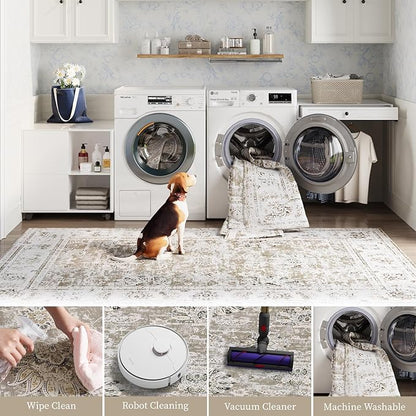 jinchan Fiora Hallway Runner Rug 3x10 Machine Washable Runner Rug Taupe Vintage Floral Design Non-Slip Low Pile Ultra-Thin for Kitchen Laundry Room Bedroom Farmhouse (3‘x10', Taupe)