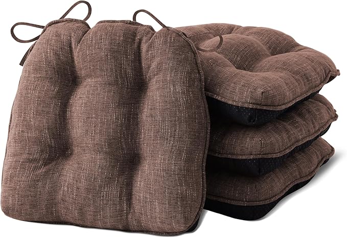 Chair Cushions for Dining Chairs Set of 4, Kitchen Chair Cushions, Chair Pads with Ties and Non Slip Backing, Tufted Memory Foam Seat Cushion 4 Pack, 18" x 18" x 4", Brown