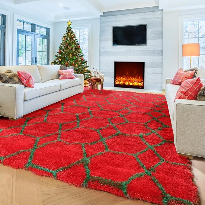 ONASAR 6x9 Area Rugs for Living Room, Large Fluffy Red and Dark Green Bedroom Rug, Geometric Boho Soft Shaggy Plush Floor Carpet for Kids Girls Teen Nursery Dorm Christmas Home Decor Aesthetic