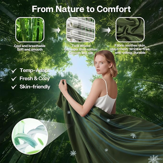 MR&HM Twin Fitted Sheet Only, Ultra-Soft Rayon Derived from Bamboo & Polyester Blend, Silky & Breathable, 15" Deep Pocket with Elastic Straps, Cooling Fitted Sheet for Hot Sleepers, Olive Green