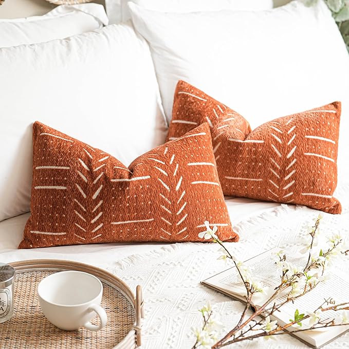 BlissBlush Fall Brick Red Decorative Lumbar Throw Pillow Covers 12X20, Set of 2, Rust Boho Farmhouse Cushion Cover, Soft Accent Pillowcase for Couch Sofa Bed Living Room Home Décor