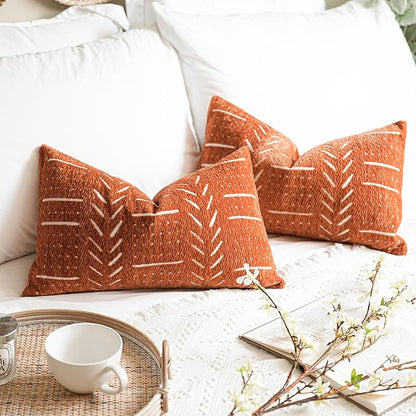 BlissBlush Fall Brick Red Decorative Lumbar Throw Pillow Covers 12X20, Set of 2, Rust Boho Farmhouse Cushion Cover, Soft Accent Pillowcase for Couch Sofa Bed Living Room Home Décor