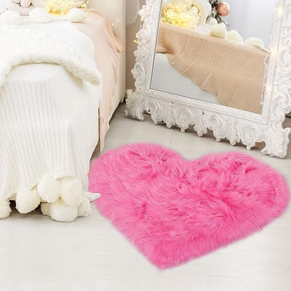 uxcell Heart Shaped Rugs for Bedroom,Small Aesthetic Carpet Girls,Cute Shaggy Floor Mirror Mat,Pastel Furry Throw Rug 2.3ftx3ft, Rose Red